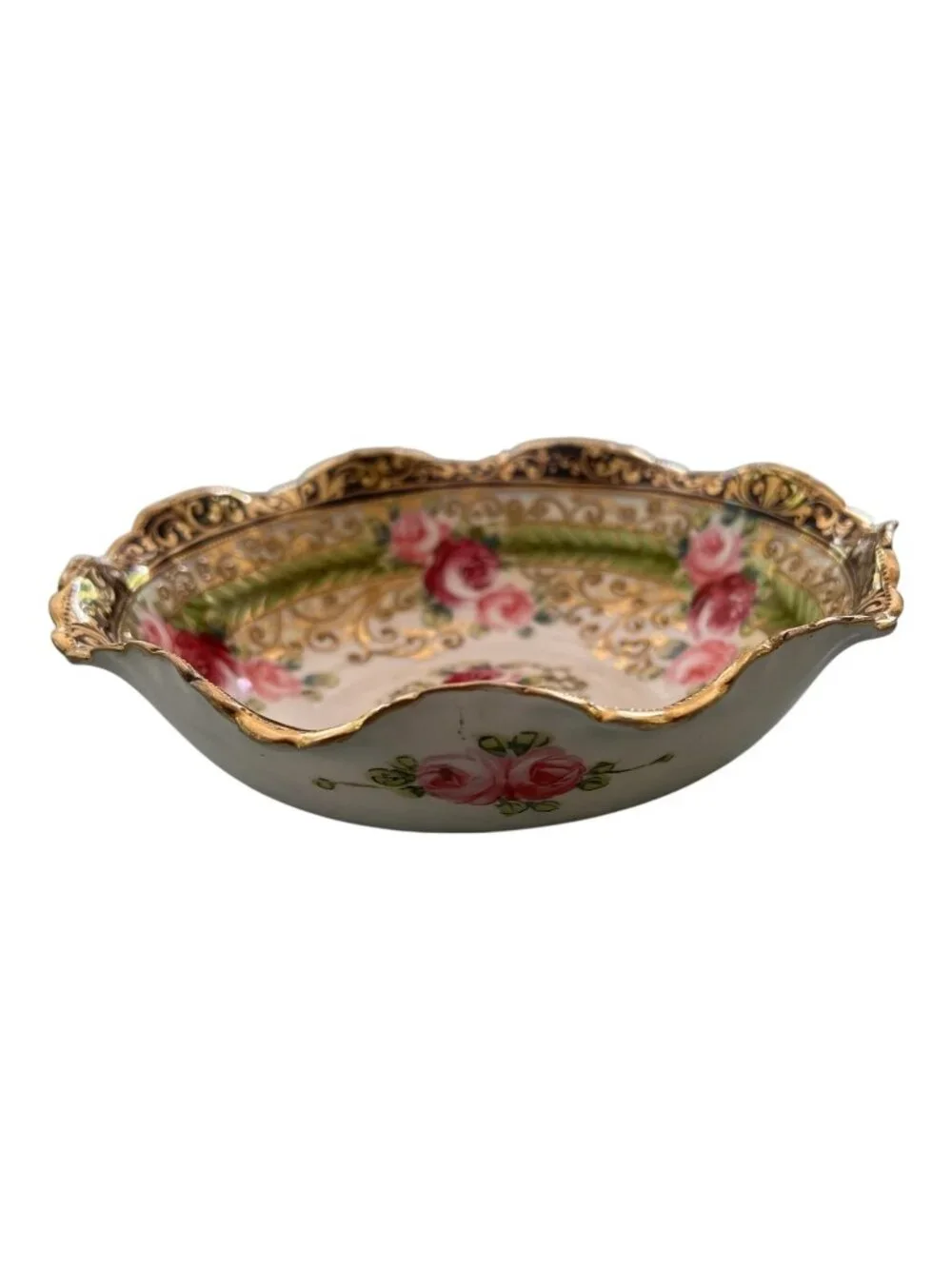 Antique Nippon Hand-Painted Gilded Rose Dish, Blue Maple Leaf Mark (1891–1911),